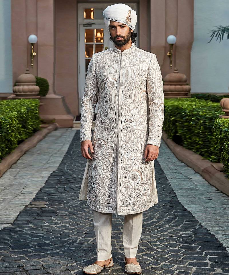 Golden ivory embroidered rambagh silk sherwani set