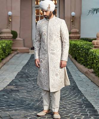 Golden ivory embroidered rambagh silk sherwani set 2