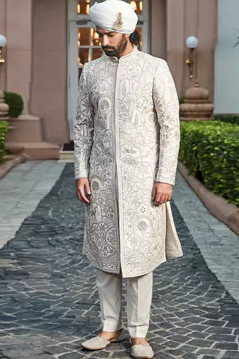 Golden ivory embroidered rambagh silk sherwani set