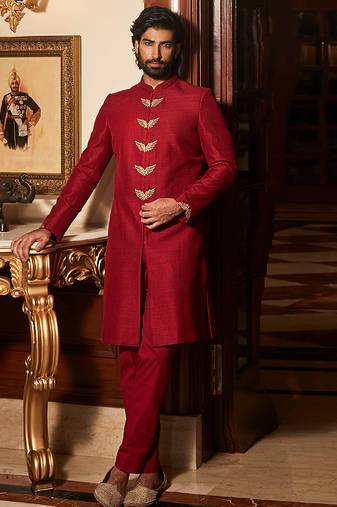 Scarlet red embroidered rambagh silk sherwani set