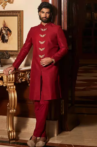 Scarlet red embroidered rambagh silk sherwani set