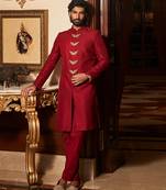 Scarlet red embroidered rambagh silk sherwani set