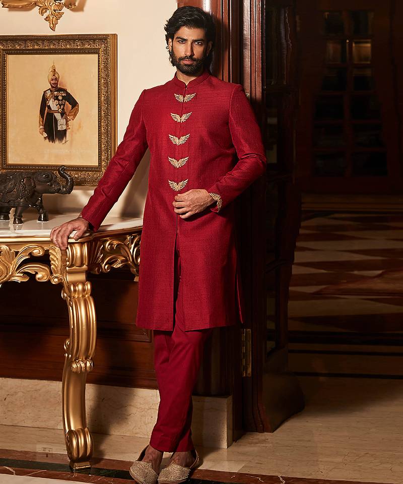Scarlet red embroidered rambagh silk sherwani set