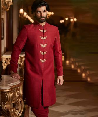 Scarlet red embroidered rambagh silk sherwani set 2