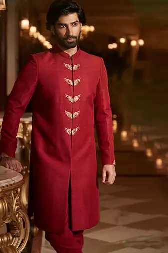 Scarlet red embroidered rambagh silk sherwani set