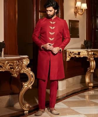 Scarlet red embroidered rambagh silk sherwani set 3