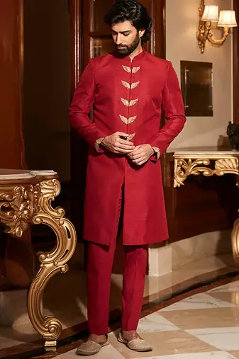 Scarlet red embroidered rambagh silk sherwani set