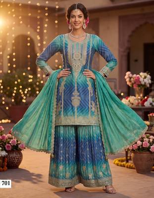Premium chinnon silk kurta palazzo set with dupatta for women party wear ethnic suit 1
