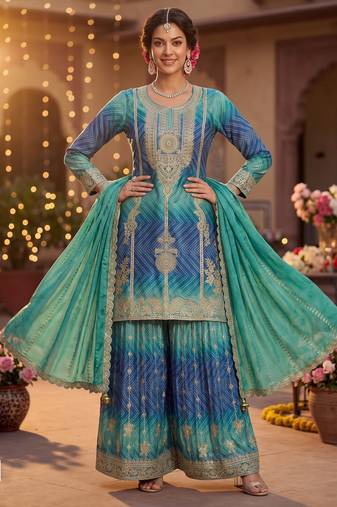 Premium chinnon silk kurta palazzo set with dupatta for women | party wear ethnic suit