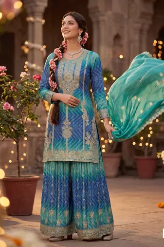 Premium chinnon silk kurta palazzo set with dupatta for women party wear ethnic suit