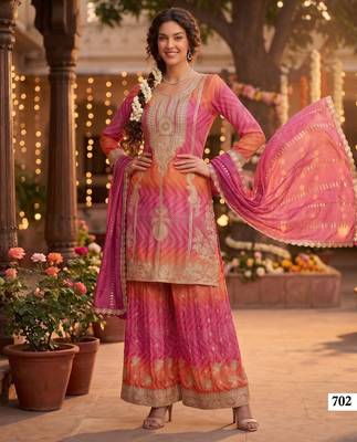 Premium chinnon silk kurta palazzo set with dupatta for women party wear ethnic suit 1