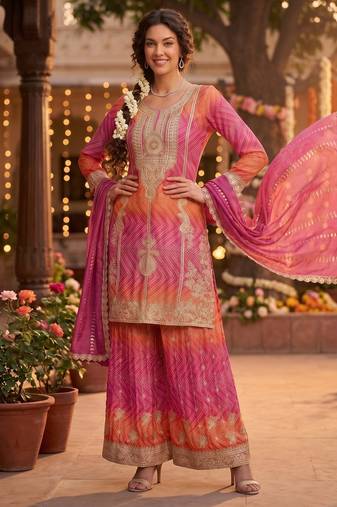 Premium chinnon silk kurta palazzo set with dupatta for women | party wear ethnic suit