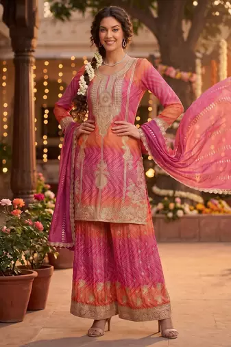 Premium chinnon silk kurta palazzo set with dupatta for women party wear ethnic suit