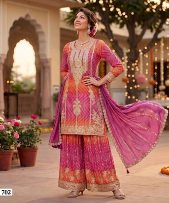 Premium chinnon silk kurta palazzo set with dupatta for women party wear ethnic suit 2