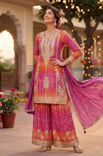 Premium chinnon silk kurta palazzo set with dupatta for women party wear ethnic suit