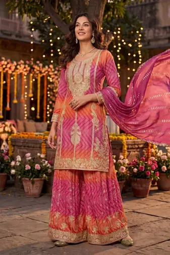 Premium chinnon silk kurta palazzo set with dupatta for women party wear ethnic suit
