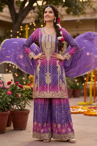 Premium chinnon silk kurta palazzo set with dupatta for women | party wear ethnic suit