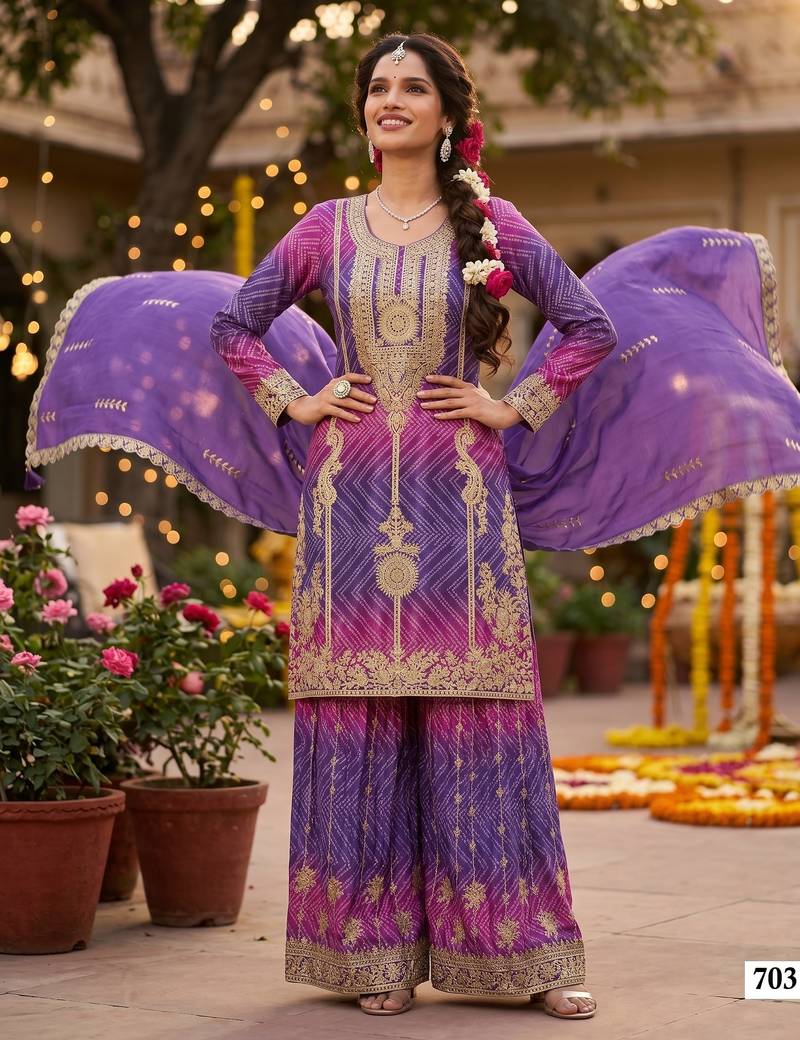 Premium chinnon silk kurta palazzo set with dupatta for women | party wear ethnic suit