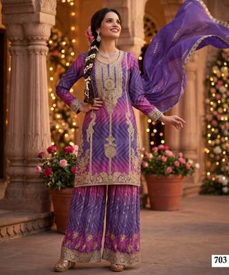 chinnon silk kurta palazzo set with dupatta for women | party wear ethnic suit 2