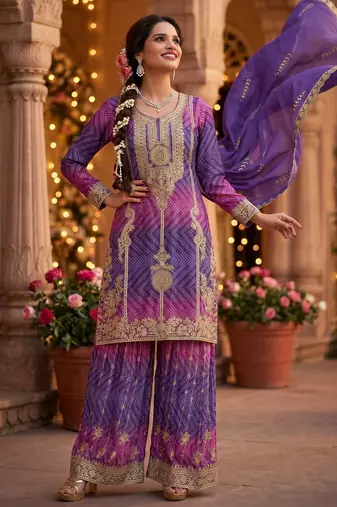 Premium chinnon silk kurta palazzo set with dupatta for women | party wear ethnic suit