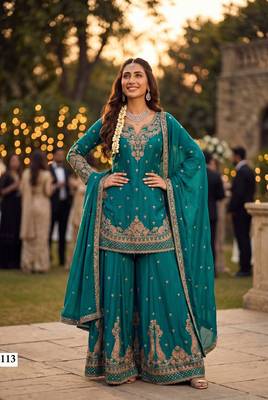 Premium chinnon silk heavy beads embroidered sharara set with dupattafestive & wedding wear 1