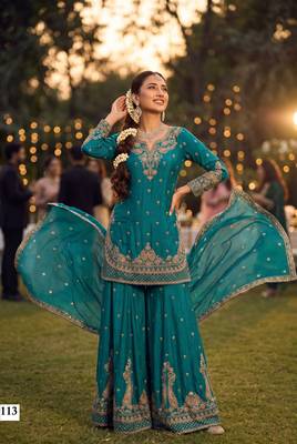 Premium chinnon silk heavy beads embroidered sharara set with dupattafestive & wedding wear 2