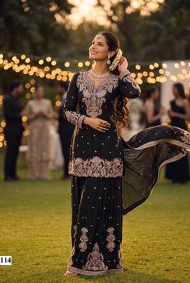 Premium chinnon silk heavy beads embroidered sharara set with dupattafestive & wedding wear 1