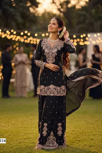 Premium chinnon silk heavy beads embroidered sharara set with dupattafestive & wedding wear
