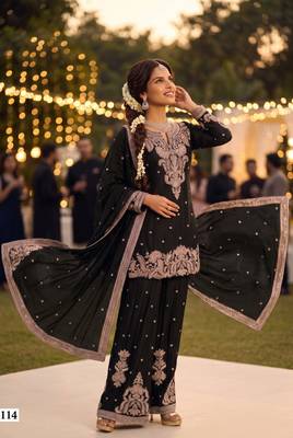 Premium chinnon silk heavy beads embroidered sharara set with dupattafestive & wedding wear 2