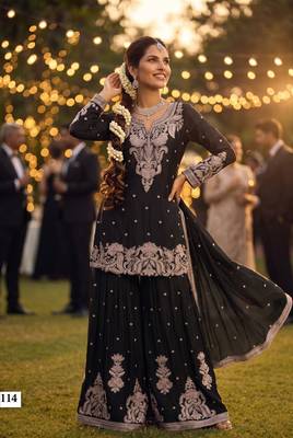 Premium chinnon silk heavy beads embroidered sharara set with dupattafestive & wedding wear 3