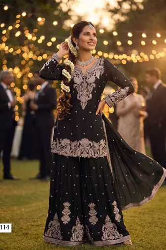 Premium chinnon silk heavy beads embroidered sharara set with dupattafestive & wedding wear