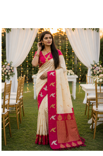 Cream Color woven Zari Work Silk Saree  1