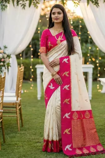 Cream Color woven Zari Work Silk Saree 