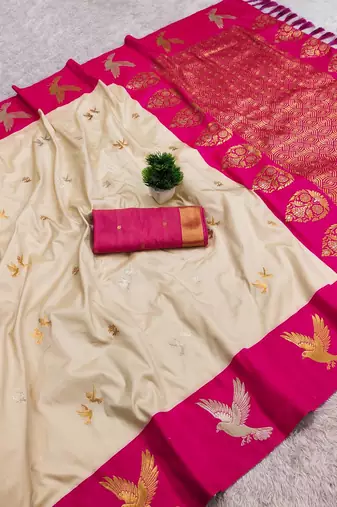 Cream Color woven Zari Work Silk Saree 