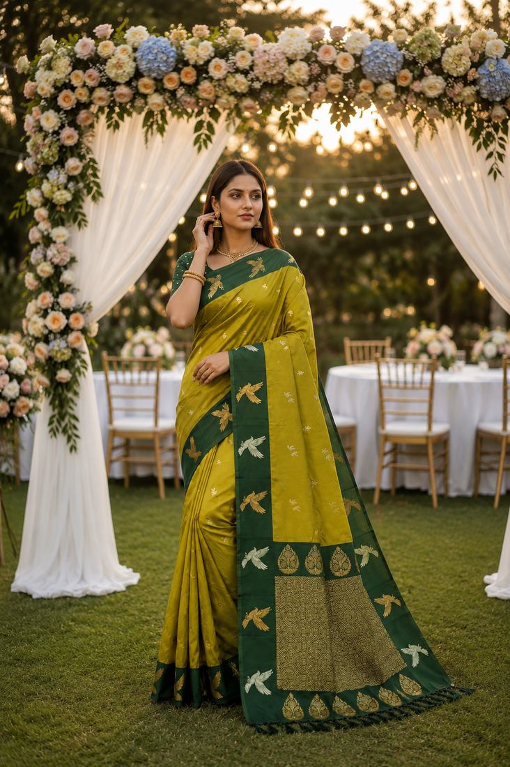 Olive Color woven Zari Work Silk Saree 
