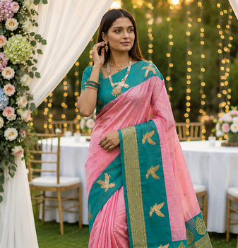 Baby Pink Color woven Zari Work Silk Saree 