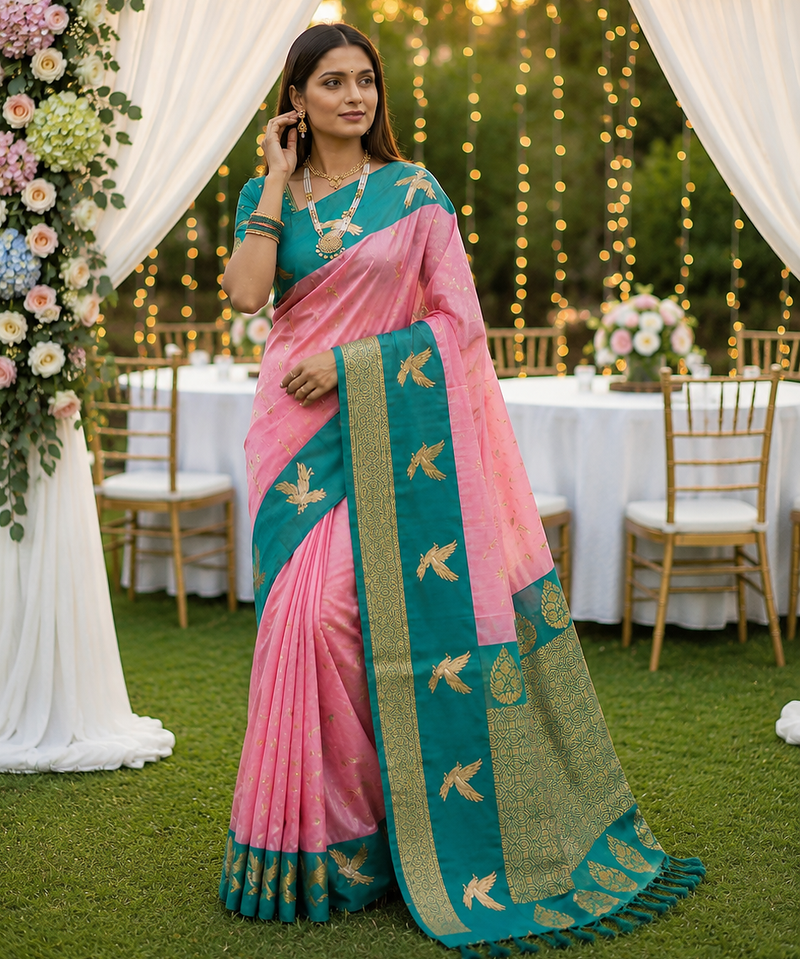 Baby Pink Color woven Zari Work Silk Saree 