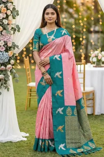 Baby Pink Color woven Zari Work Silk Saree 