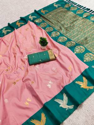 Baby Pink Color woven Zari Work Silk Saree  3