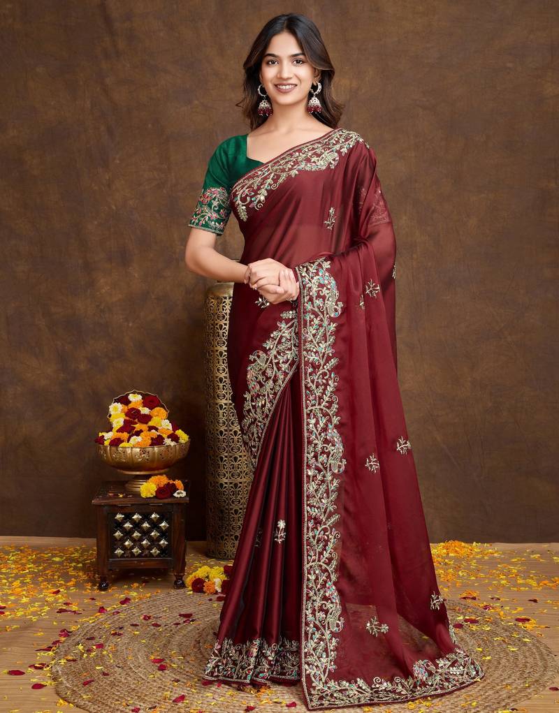 Womens new fancy embroidery work saree