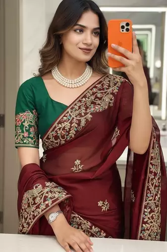 Womens fancy embroidery work saree