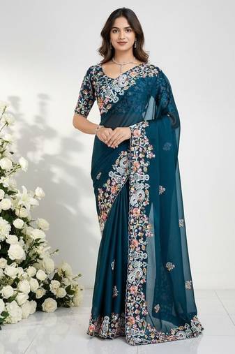 Womens new fancy embroidery work saree
