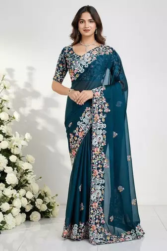 Womens new fancy embroidery work saree