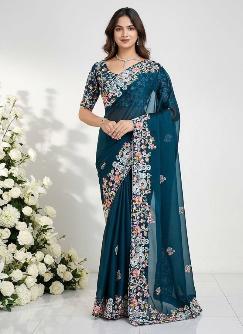 Womens new fancy embroidery work saree