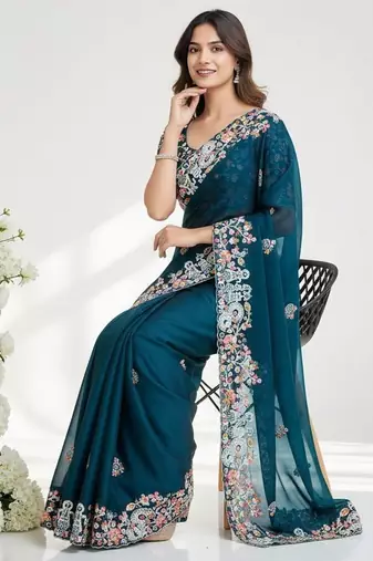 Womens fancy embroidery work saree