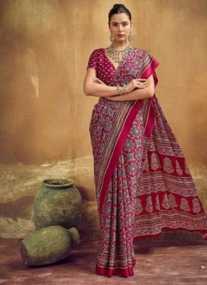 Elegant modal satin print saree with blouse 1