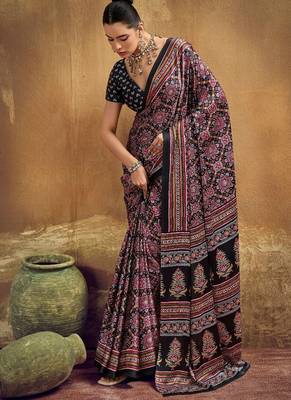 Elegant modal satin print saree with blouse 1