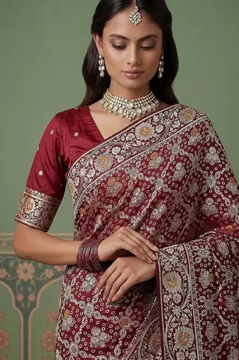 Maroon Color Gold Zari Weaving Pashmina Silk Saree