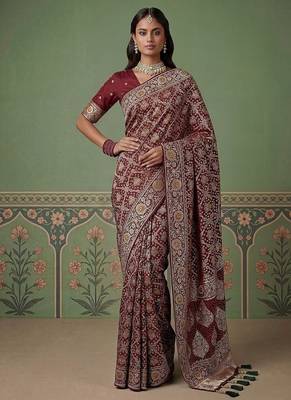 Maroon Color Gold Zari Weaving Pashmina Silk Saree 1