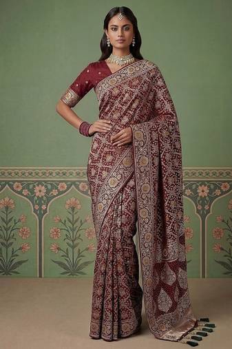 Maroon Color Gold Zari Weaving Pashmina Silk Saree